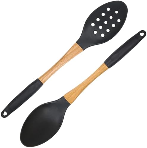 Beille 2pc Spoons Grey Nylon Kitchen Utensils Set with Soft Grip Ergonomic Wooden Handles High Heat Resistance