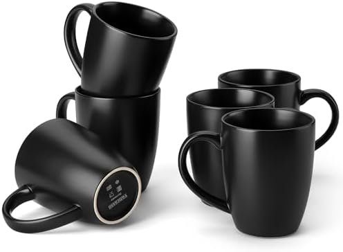 vancasso PLAYA Ceramic Coffee Mug Set of 6, 16 Oz Tea Cups with Handle for Latte, Tea, Cappuccino, Milk, Cocoa, Microwave&Dishwasher Safe, Black
