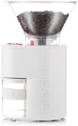 Bodum Bistro Electric Conical Burr Coffee Grinder, Preset Timer, 12 Grind Settings, White