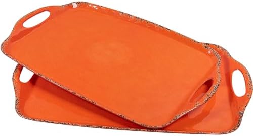 Melamine Serving Tray with Handles, 19“ x 12" Vintage Rustic Large Rectangular Melamine Serving Platter for Serving Food, Breakfast Tray, Set of 2, Dishwasher Safe, Orange
