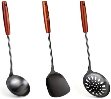 FJNATINH Wok Spatula and Ladle,Skimmer Ladle Tool Set, 17inches Spatula for Wok, 304 Stainless Steel Wok Spatula,Black