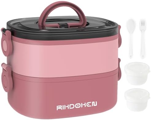 RIKDOKEN Lunch Box, Stackable 2 Layers Containers, Portable 64OZ Large Capacity Leakproof Bento Box with Spoon & Fork & Sauce Boxes, Microwave Safe Lunch Box for Kids and Adults