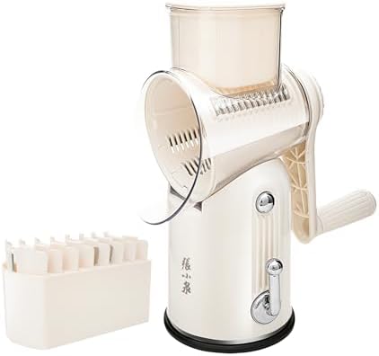 5 in 1 Rotary Cheese Grater, Beige Hand Crank Vegetable Cutter with 5 Stainless Steel Interchangeable Blades, Mandoline Slicer for Potatoes Onions Veggies Nuts