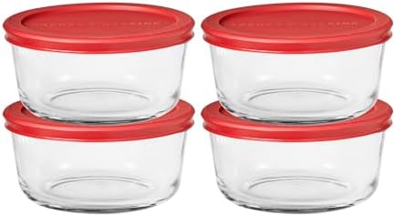 Anchor Hocking SnugFitTM Round Food Storage Containers with Lids (4-Piece, 4-cup, Red, oven-safe)