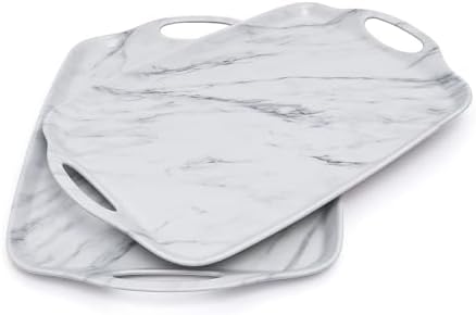 TP Melamine Serving Trays with Handles, 17” x 12”, Set of 2, White Marble