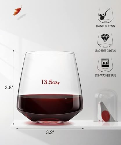 OJA Wine Glasses Set, Crystal Stemless Red Wine Glass, Set of 6, 13.5 oz