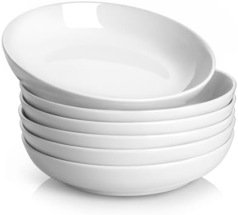 Y YHY Pasta Bowls Set of 6, High-Fired Porcelain White Salad Bowls 30 oz Wide Shallow Serving Soup Bowls, Microwave Dishwasher Safe 8.5" Pasta Plates Kitchen Bowls for Dinner Family Gatherings