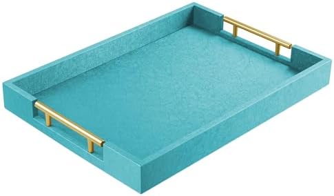 ATZYmolin 17"x12" Leather Serving Tray, Gold Handle Vanity Platter, Blue