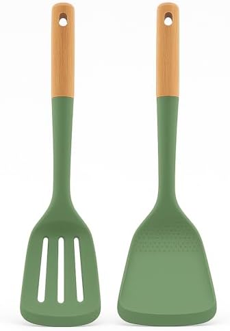 Beille 2pc Beech Wood and Silicone Kitchen Utensils Spatula Set Meal Prep Cooking Baking Supplies Home Essentials, Olive Green