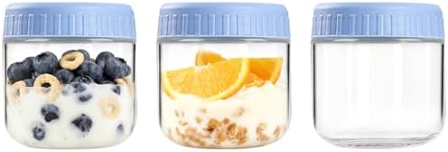 Overnight Oats Containers with Lids, 10oz Wide Mouth Mason Jars with Lids, 3 Pack Glass Jars with Airtight lid for Chia Pudding Yogurt Salad, Meal Prer Oatmeal Jars, Blue