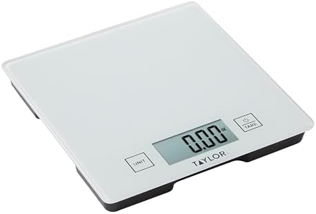 Taylor Compact Glass Kitchen Food Scale, 11 lb Capacity Digital Scale for Baking, Cooking, Meal Prep, Portion Control, Thin Lightweight Design, Easy-to-Read Display, White