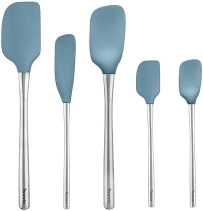 Tovolo Stainless Steel Handled Silicone Spatula Set of 5, Dishwasher Safe Kitchen Spatula Set for Cooking Baking, BPA Free Silicone Spatula set with Metal Steel Handle, Blue Slate