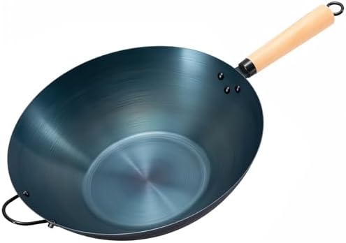 DUMOS 13.5" Carbon Steel Wok Pan, No Chemical Coating, Pre-Seasoned Flat Bottom Pow Wok for Family Meals and Camping, Compatible with Induction, Electric, Gas, Open Fire, Blue