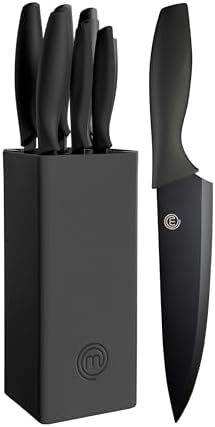 MasterChef Knife Set with Block, 6 Kitchen Knives and a Universal Knife Holder, Extra Sharp Stainless Steel Blades for Precise Cutting with Non Stick Coating & Soft Touch Easy Grip Handles, Black