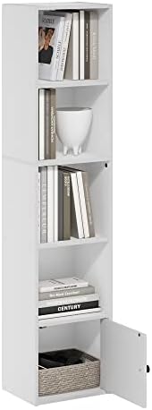 Furinno LUDER Book Shelf, 5-Tier Modern Bookshelf, Bookcase with 1 Door Storage Cabinet, 9.3 x 12 x 52, for Organization and Storage, for Living Room, Bedroom, Home Office, White