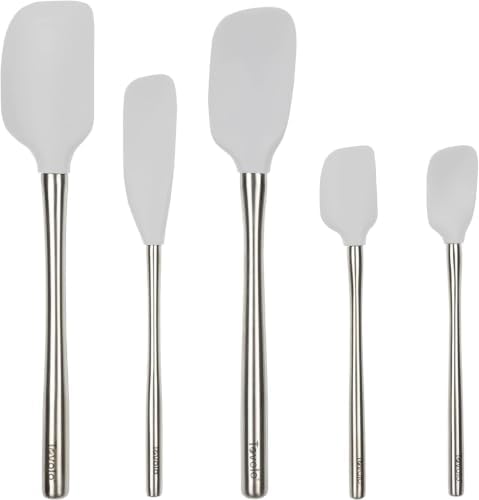 Tovolo Stainless Steel Handled Silicone Spatula Set of 5 Oyster Gray, Dishwasher Safe Kitchen Spatula Set for Cooking Baking, Non Toxic BPA Free Silicone Spatula set with Metal Steel Handle