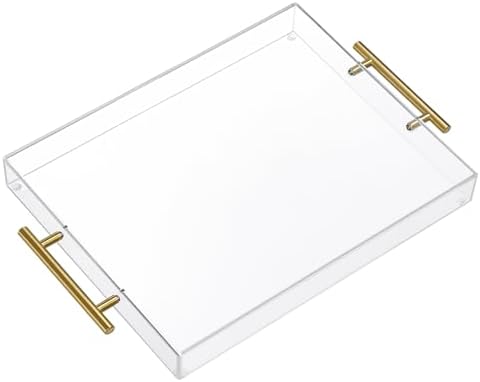 11"x14" Clear Acrylic Serving Tray with Golden Handles, Sturdy Huge Capacity Acrylic Tray for Coffee, Juice, Kitchen and Desk Organizer (11"x14")