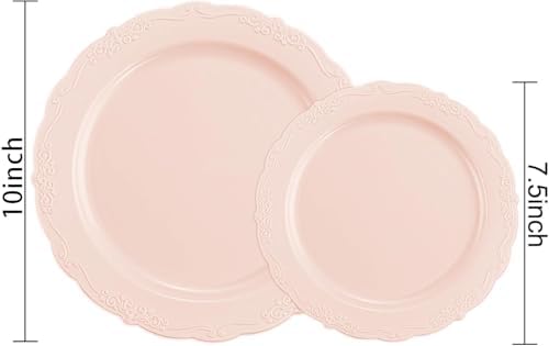 U-QE 100PCS Mauve Pink Plastic Plates - Heavy Duty Pink Disposable Plates