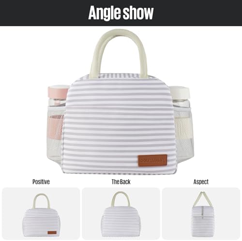 douyadady Lunch Bag Women/Men Lunch Box Women/Men (Grey+White Stripes)