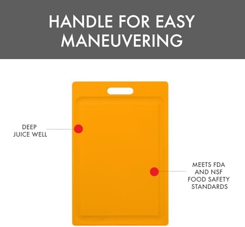 Dexas NSF Certified Polysafe Cutting Board with Handle and Juice Well, 12 x 18 inches, Reversible Kitchen Cutting Board, Yellow