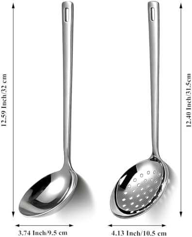 Berglander Slotted Spoons and Kitchen Ladle Spoon Set 2 Pcs, Stainless Steel Kitchen Spider Strainer Skimmer Soup Ladle for Straining Pasta/Cooking/Frying, Serving Soup/Gravy, Metal Kitchen Utensils