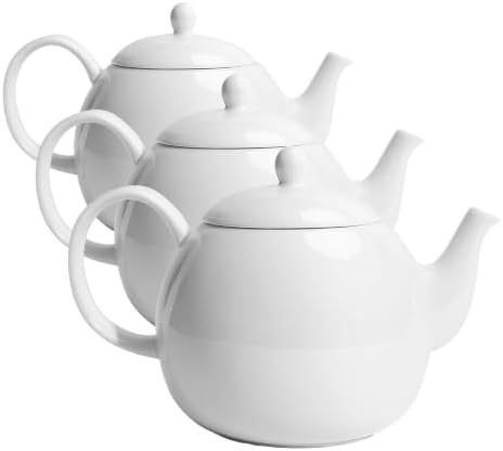 Sweese Porcelain Teapot, 40 Ounce Tea Pot - Large Enough for 5 Cups, White (Pack of 3)