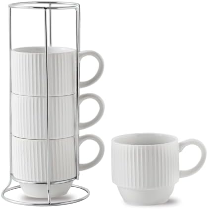 Hasense White Ceramic Coffee Mugs Set With Holder- 12 oz Stackable Coffee Cups Ceramic, Modern Ribbed Latte Cup Sets for Cappuccino, Tea, Espresso, Hot Cocoa, Drinks - Dishwasher & Microwave Safe
