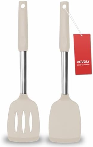 2 Pack Spatulas, Solid & Slotted Silicone Spatula Set, Stainless Steel Handle Coated with Silicone, Non Stick Turners, Heat Resistant Rubber Spatulas for Fish, Eggs, Pancakes, Khaki