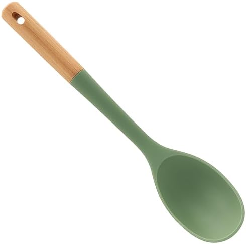 Beille 1pc Solid Cooking Spoon Beech Wood and Silicone Kitchen Utensils Meal Prep Baking Supplies Home Essentials, Olive Green