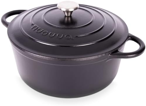 Nuovva Enamelled Cast Iron Dutch Oven Pot with Lid – 6.4 Quart Non Stick Casserole Pot – Heavy Duty & Oven Safe up to 500° F for Bread Baking, Braising, Stews, Roasting – 28cm Black