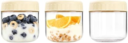 Overnight Oats Containers with Lids, 10oz Wide Mouth Mason Jars with Lids, 3 Pack Glass Jars with Airtight lid for Chia Pudding Yogurt Salad, Meal Prer Oatmeal Jars, Yellow