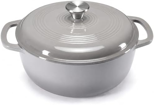 DUMOS Cast Iron Dutch Oven, 6 Quart Pot with Lid, Enameled Heavy Duty Cookware, Oven Safe to 500°F, Perfect for Bread Baking, Braising, Stews and Roasting, Moisture Sealing Lid with Dual Handles, Grey