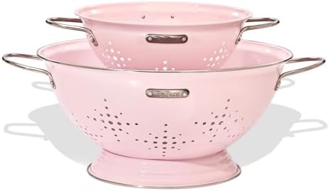Metal Colander 2 Pack, Strainer Bowel with Handles 2Qt & 6Qt Powder Coated Solid Ring Base Heavey Duty Kitchen Drainer Basket for Pasta Veggies and Fruits,New Home Apartment Essentials (Pink)