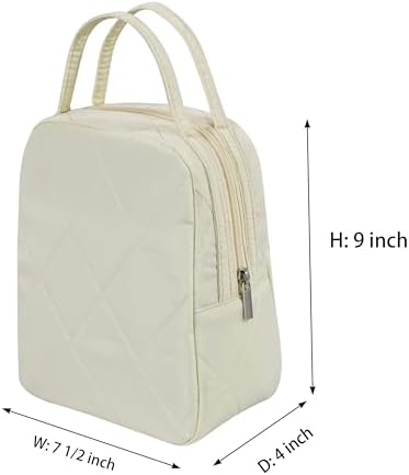 Machine Washable Women Quilted Fabric Insulated Reusable Cooler Lunch Bag Tote Adult Thermal Lunch Box Storage Bag for Ｗork (Cream)