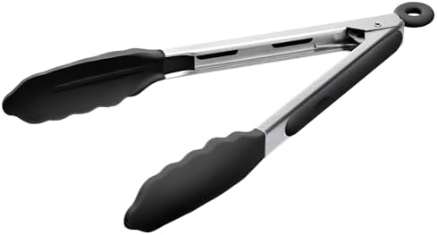 Doosu Kitchen Tongs with Silicone Tips for Cooking Serving (9in, Black)