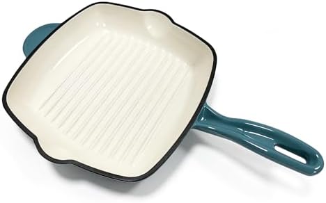 Enameled Cast Iron Square Grill Pan, Nonstick Skillet Grilling Pan (Peacock Blue, 9.5 inch)