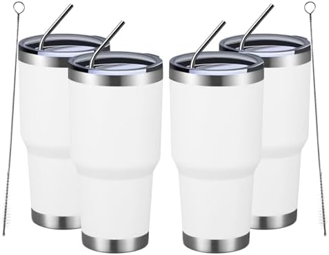 MEWAY 30oz Insulated Tumbler With Lids and Straws,Stainless Steel Double Vacuum Coffee Tumbler Cup, Brush, Durable Powder Coated Coffee Cup for Cold & Hot Drinks, Office(White,4 PACK)