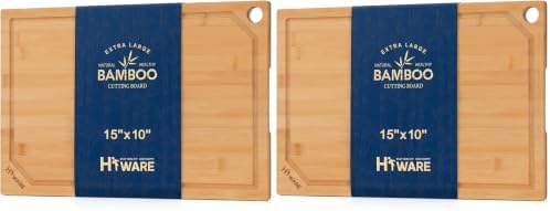 Hiware Bamboo Cutting Board for Kitchen, Heavy Duty Wood Cutting Board with Juice Groove, 100% Organic Bamboo, Pre Oiled, 15" x 10" (Pack of 2)