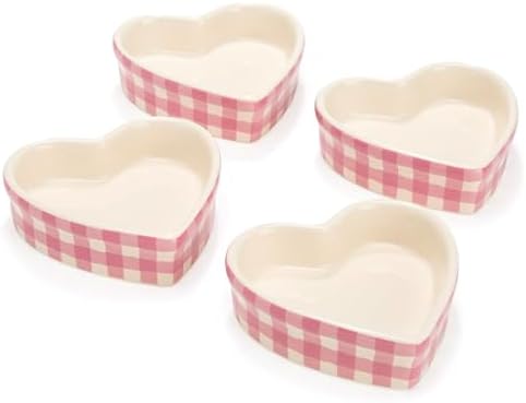 Paris Hilton Heart Shaped Ramekins Oven Safe, 4-Piece Mini Ceramic Ramekin Set, Stoneware Baking Dishes, Microwave, Dishwasher & Freezer Safe, Gingham Design, 3-Ounce, Pink