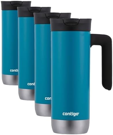 Contigo Superior 2.0 Stainless Steel Travel Mug with Handle Leak-Proof Lid Double-Wall Insulation for Hot & Cold Beverages,20oz,Juniper,Ideal for Commuting and Travel,(Pack of 4)