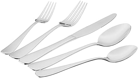 Amazon Basics Silverware Set, Stainless Steel Flatware, Dishwasher Safe, Service for 4, 20-Piece Forks and Spoons, Round Edge, Everyday Use