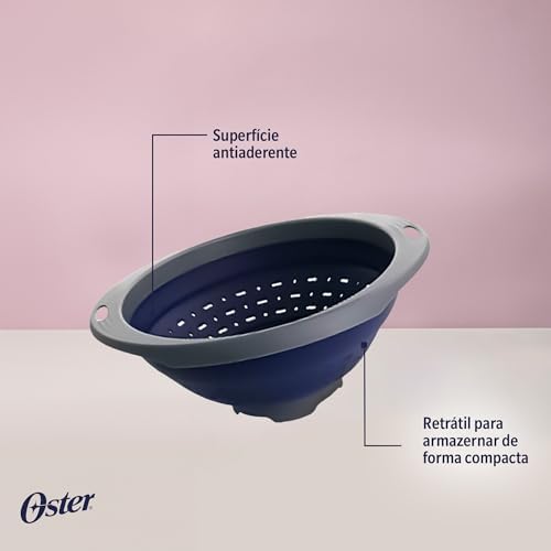 Oster Bluemarine 10-Inch Foldable Strainer – Collapsible Colander for Pasta, Vegetables, Fruits, Space-Saving Kitchen Tool, Blue/Grey Dishwasher Safe