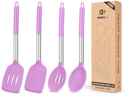 Pack of 4 Silicone Cooking Utensils Set, Non Stick Large Solid Spatulas, Heat Resistant Purple Slotted Spoons, Ideal BPA Free Kitchen Turners for Frying, Mixing,Serving,Draining,Turning,Stirring