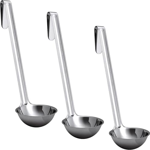 Super Sturdy, Ergonomic 2 Oz. Soup Ladle 3 Pk. Stainless Steel Ladles with Long Handles. Best Kitchen Accessories for Stirring, Portioning and Serving Soups, Chili and Stew in Restaurants and at Home