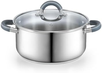 Cook N Home Basics 5.5 Quart Stainless Steel Stock Pot with Lid, Cooking Pot for Pasta, Soup, Stay-Cool Silicone Handle, Stockpot with Even Heating, Oven Safe, Cookware for Canning, Boiling, Simmer