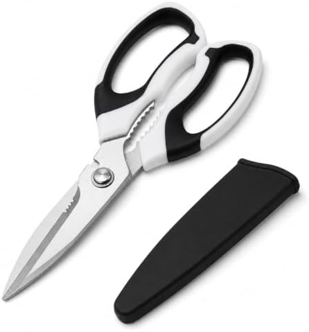 Kitchen Shears for Everyday Food Prep, Serrated Stainless Steel Kitchen Scissors with Comfort Grip Handles and Protective Sheath, Dishwasher Safe Food Scissors for Herbs, Bacon, Pizza, Food Package