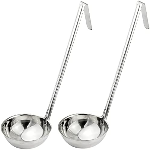 Fit Meal Prep Stainless Steel Soup Ladle - One-Piece Sauce Spatula with Hook Handles, Commercial Grade Serving Spoon, Kitchen Tool for Restaurant or Home Cooking, 14.75” Long - [Pack of 2] 12 Oz