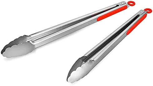 304 Stainless Steel Kitchen Cooking Tongs, 14 & 16 Inch, Set of 2, Red