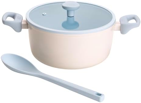 Tasty Ceramic Stock Pot with Glass Lid, Silicone Spoon, Healthy Nonstick Dutch Oven, Soup Pot, Casserole, Made without PFAS, PFOA, PFOS and PTFE, Dishwasher Safe, 5-Quart, 3-Piece Set, Blue