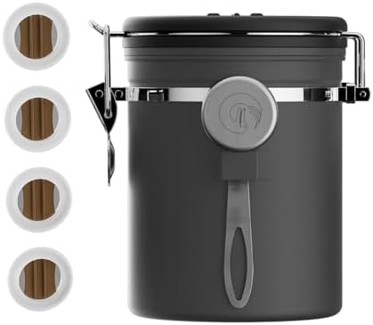 Coffee Gator Stainless Steel Canister - Medium 16oz, Gray Coffee Grounds and Beans Container with Date-Tracker, CO2-Release Valve, and Measuring Scoop - Ideal Coffee Lovers Gifts
